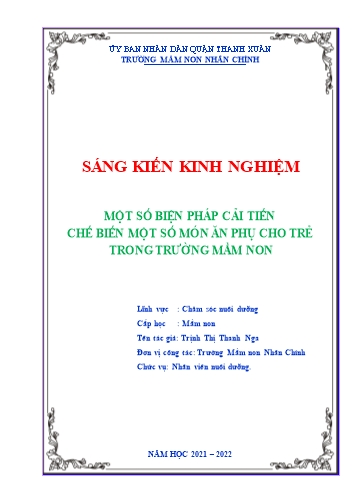 Sáng kiến kinh nghiệm Một số biện pháp cải tiến chế biến một số món ăn phụ cho trẻ trong trường mầm non