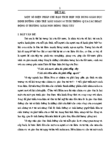 SKKN Một số biện pháp chỉ đạo tích hợp nội dung giáo dục dinh dưỡng cho trẻ mẫu giáo 5-6 tuổi thông qua các hoạt động ở trường Mầm non Hồng Thái Tây