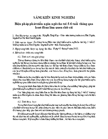 Sáng kiến kinh nghiệm Biện pháp phát triển ngôn ngữ cho trẻ 5-6 tuổi thông qua hoạt động làm quen chữ cái - Trường Mầm non Phú Xuyên