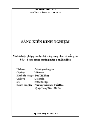 Sáng kiến kinh nghiệm Một số biện pháp giáo dục kỹ năng sống cho trẻ mẫu giáo bé 3-4 tuổi trong trường Mầm non Tuổi Hoa