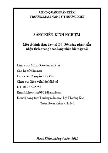 Sáng kiến kinh nghiệm Một số hình thức dạy trẻ 24-36 tháng phát triển nhận thức trong hoạt động nhận biết tập nói