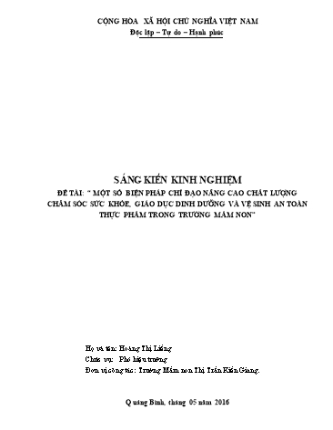 Sáng kiến kinh nghiệm Một số biện pháp chỉ đạo nâng cao chất lượng chăm sóc sức khỏe, giáo dục dinh dưỡng và vệ sinh an toàn thực phẩm trong trường Mầm non