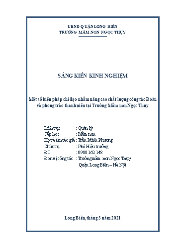 Sáng kiến kinh nghiệm Một số biện pháp chỉ đạo nhằm nâng cao chất lượng công tác Đoàn và phong trào thanh niên tại Trường Mầm non Ngọc Thụy