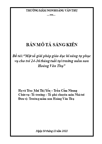 Sáng kiến kinh nghiệm Một số giải pháp giáo dục kĩ năng tự phục vụ cho trẻ 24-36 tháng tuổi tại trường Mầm non Hoàng Văn Thụ