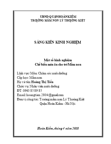 Sáng kiến kinh nghiệm Một số kinh nghiệm Chế biến món ăn cho trẻ Mầm non