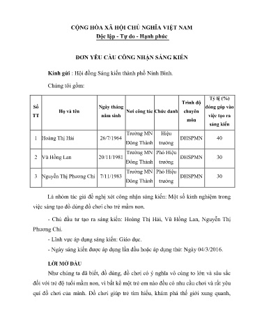 Sáng kiến kinh nghiệm Một số kinh nghiệm trong việc sáng tạo đồ dùng đồ chơi cho trẻ mầm non